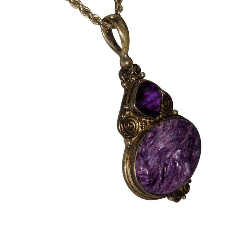 Natural Charoite Purple Amethyst Pendant Channel Set Sterling Silver Signed - Picture 4 of 11